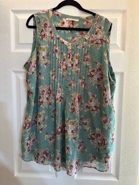 Daniel Rainn Mint Green Blue Floral Sleeveless Blouse Size 2X Flattering